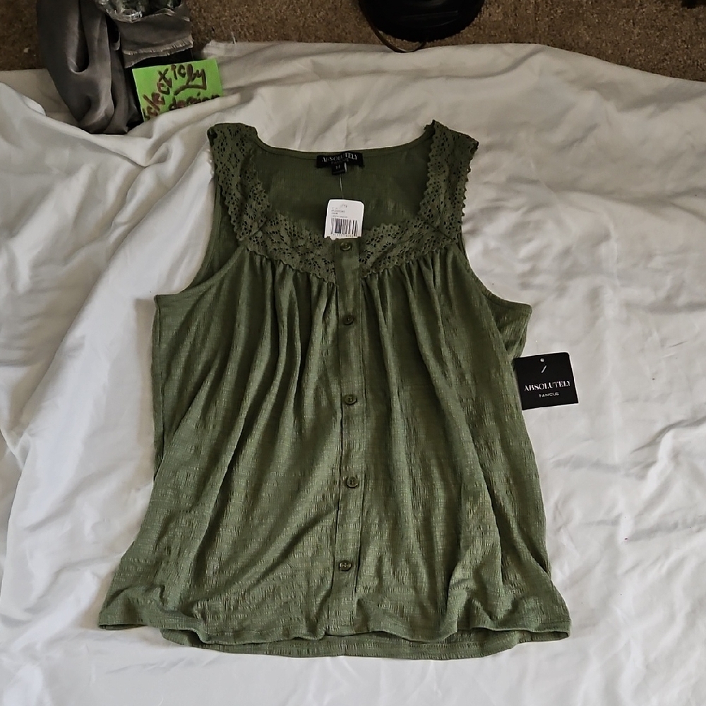 Absolutely Famous Olive Green Button-Down Lace Trim Gauze Top